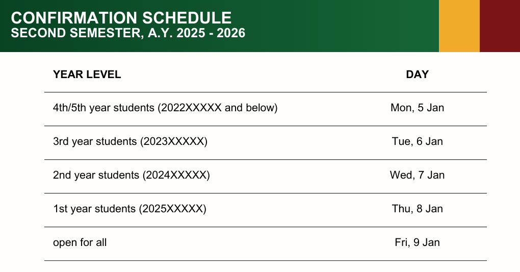 Schedule for Confirmation of Subjects – Second Semester, AY 2025–2026